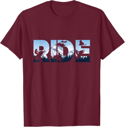 Snowmobile Ride Shirt Snow Mountain Motor Sled Winter Sport T-Shirt - T-Shirt | Maroon