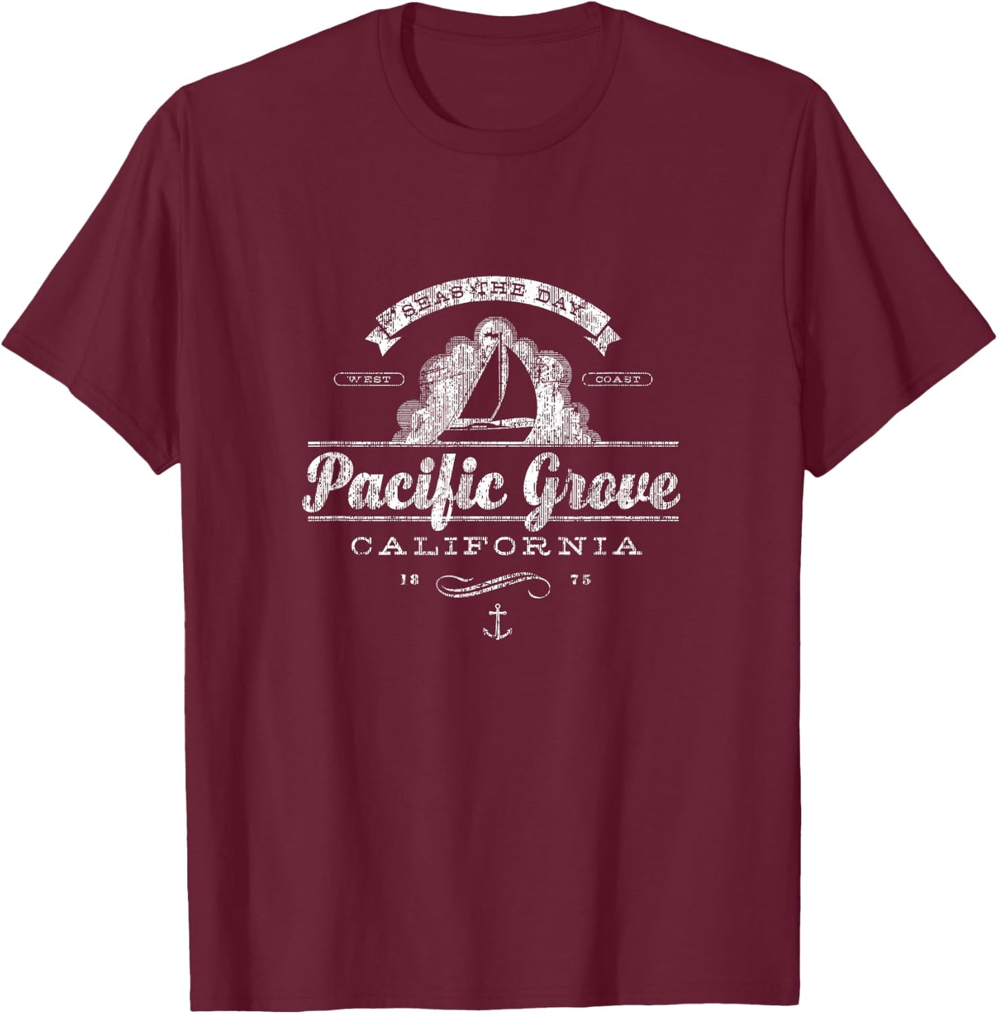 Pacific Grove CA Sailboat Vintage Nautical T-Shirt - T-Shirt | Maroon