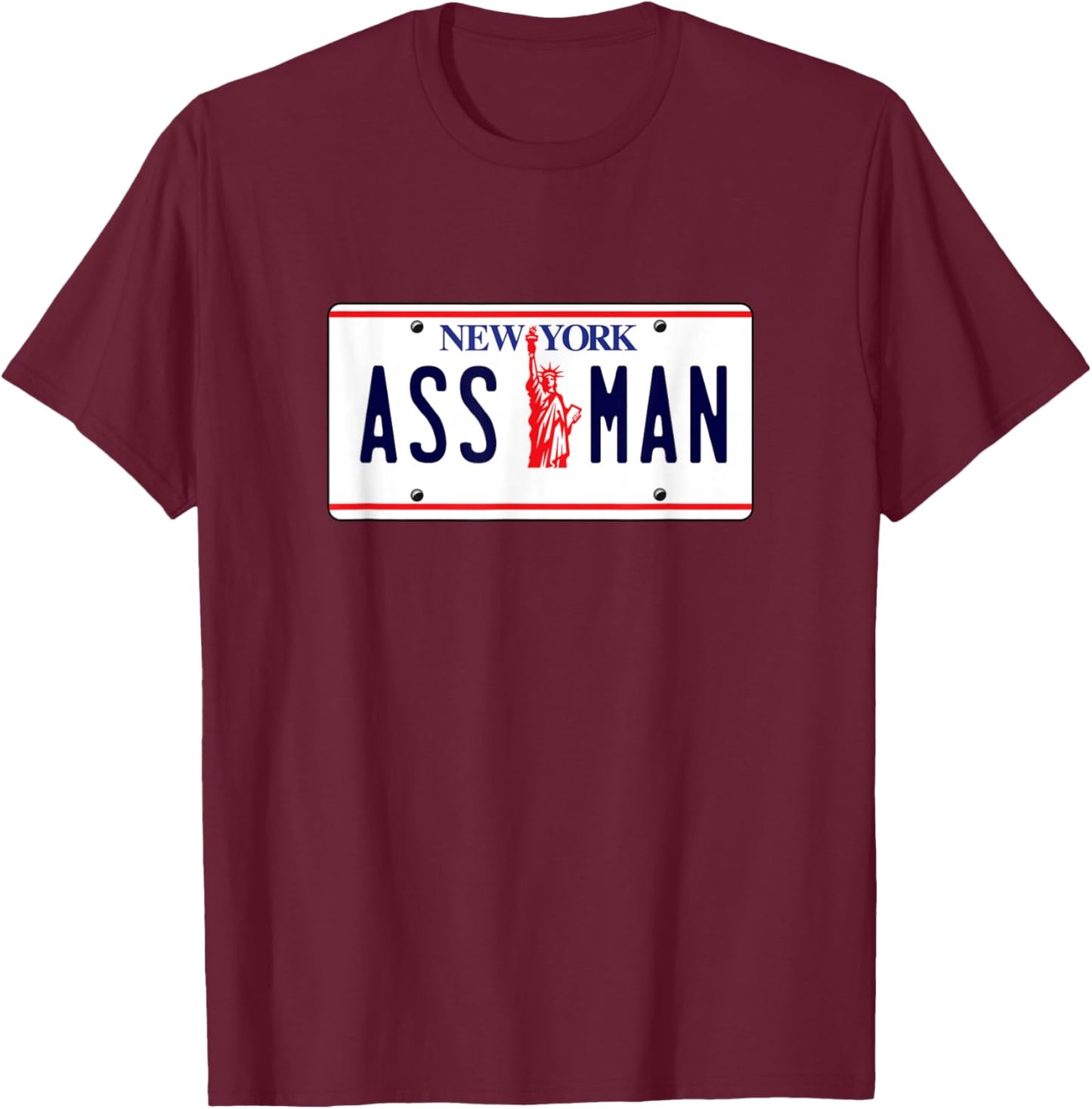 New York ASSMAN ASS MAN License Plate T-Shirt - T-Shirt | Maroon