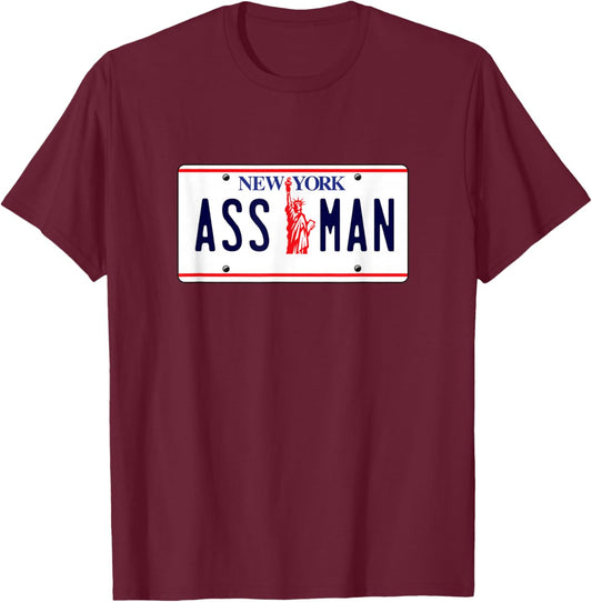 New York ASSMAN ASS MAN License Plate T-Shirt - T-Shirt | Maroon