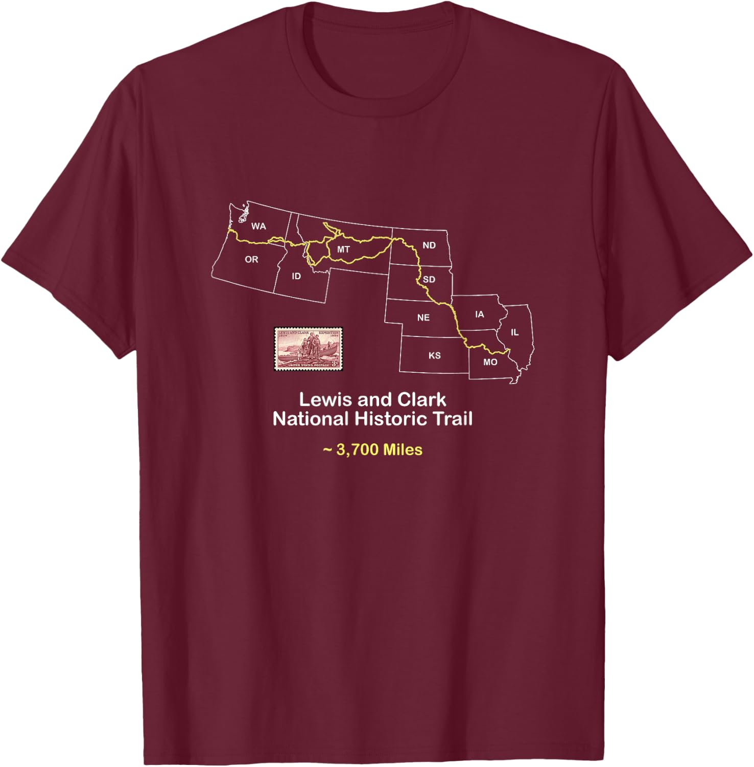 Route Map of the Lewis and Clark National Historic Trail T-Shirt - T-Shirt | Maroon