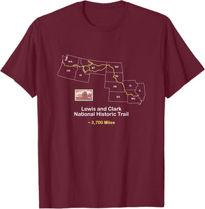 Route Map of the Lewis and Clark National Historic Trail T-Shirt - T-Shirt | Maroon