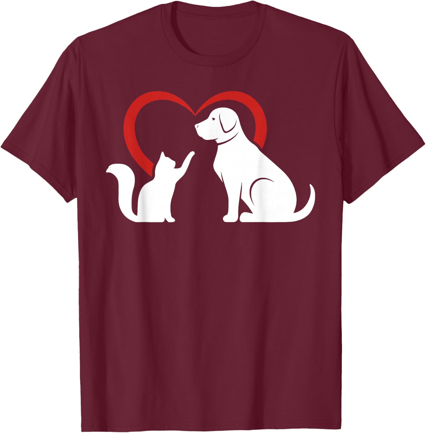 Dog Puppy and Baby Cat Heart - Animal Dog & Cat T-Shirt - T-Shirt | Maroon
