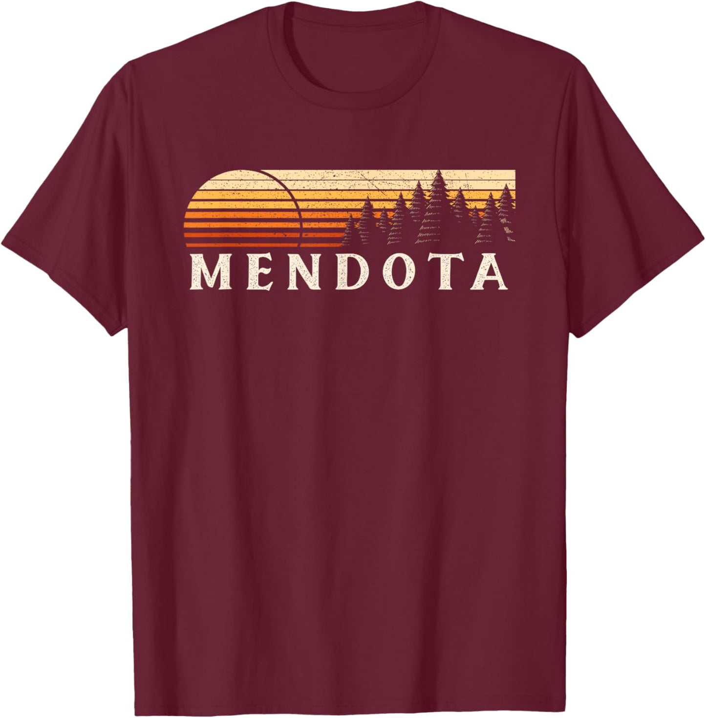 Mendota, VA Vintage Evergreen Sunset Eighties Retro T-Shirt - T-Shirt | Maroon