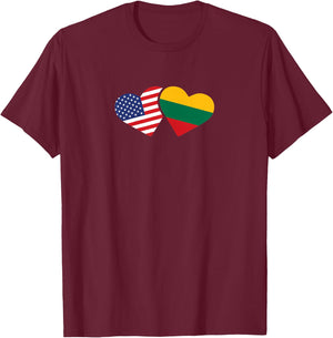 Lithuania USA Flag T Shirt Heart Lithuanian Americans Love T-Shirt - T-Shirt | Maroon
