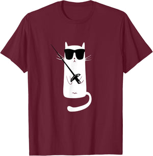 Funny Cat Wearing Sunglasses Fencing T-Shirt - T-Shirt | Maroon