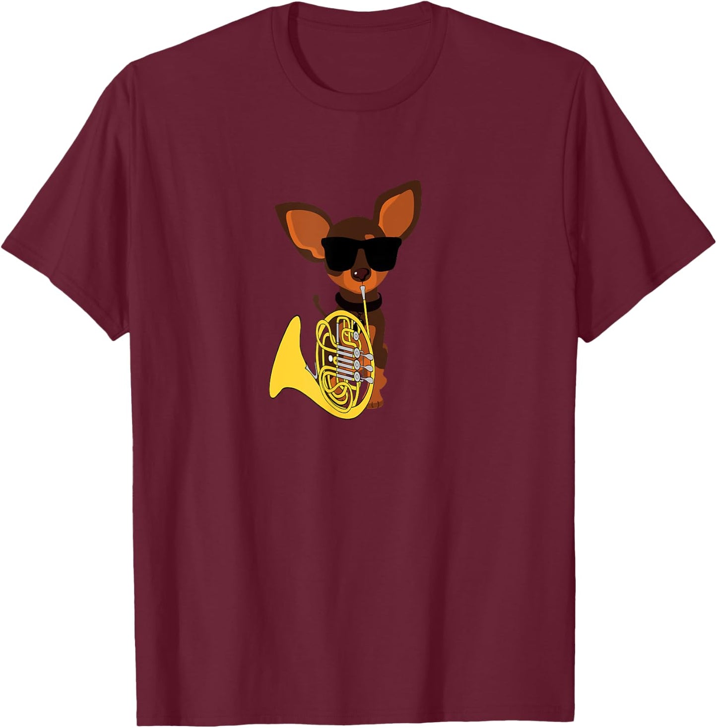 Funny Dog Wearing Sunglasses Playing French Horn Women Kids T-Shirt - T-Shirt | Maroon
