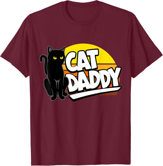 Cat Daddy Retro Sunset Cat Dad Black Cat Yellow Eyes T-Shirt - T-Shirt | Maroon