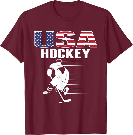 America Ice Hockey Fans Jersey USA Flag Support Hockey Team T-Shirt - T-Shirt | Maroon