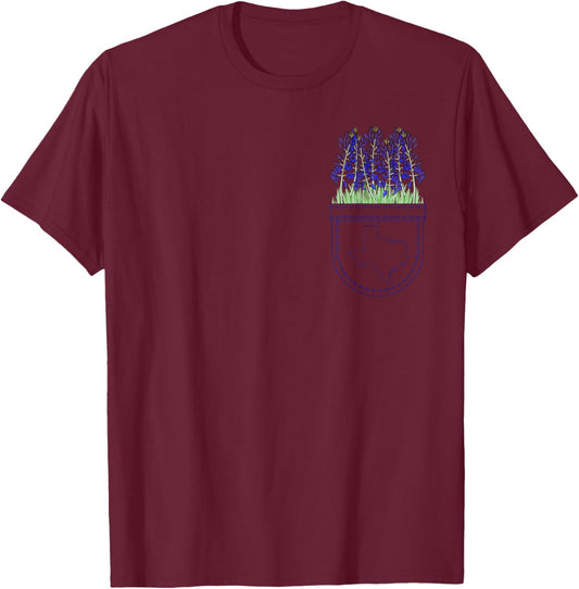 Cute Faux Pocket Texas Bluebonnet Floral Wildflower Lover T-Shirt - T-Shirt | Maroon