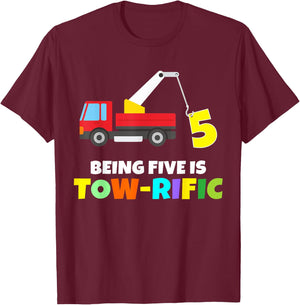 Kids 5th Birthday Boy Girl 5 Year Old Tow Truck Towing Pun T-Shirt - T-Shirt | Maroon