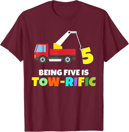 Kids 5th Birthday Boy Girl 5 Year Old Tow Truck Towing Pun T-Shirt - T-Shirt | Maroon