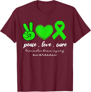 Peace Love Cure Traumatic Brain Injury Women TBI Awareness T-Shirt - T-Shirt | Maroon