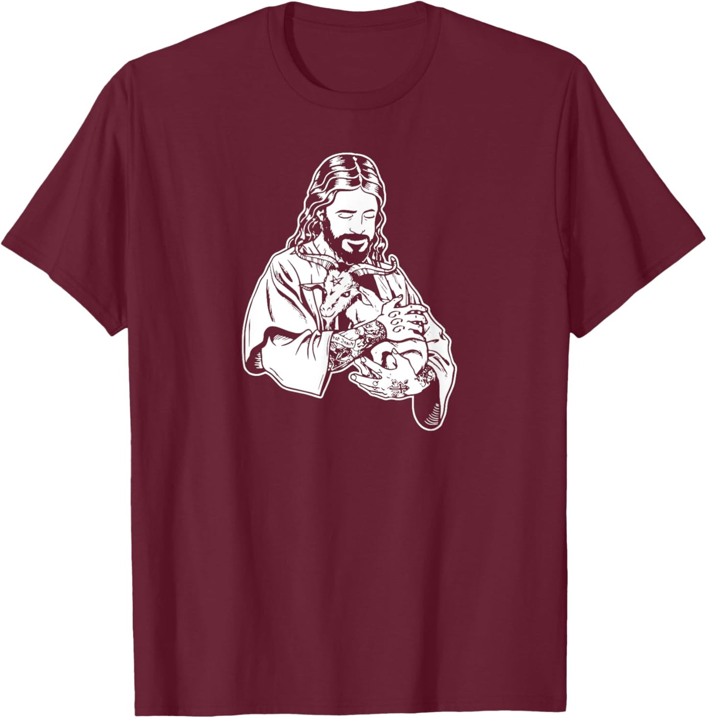 Jesus Holding Goat Baphomet Occult Satanic Tattooed Jesus T-Shirt - T-Shirt | Maroon