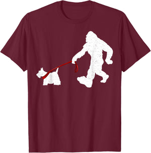 Funny Bigfoot Walking With Scottish Terrier Dog Gifts Women Girls Kids T-Shirt - T-Shirt | Maroon