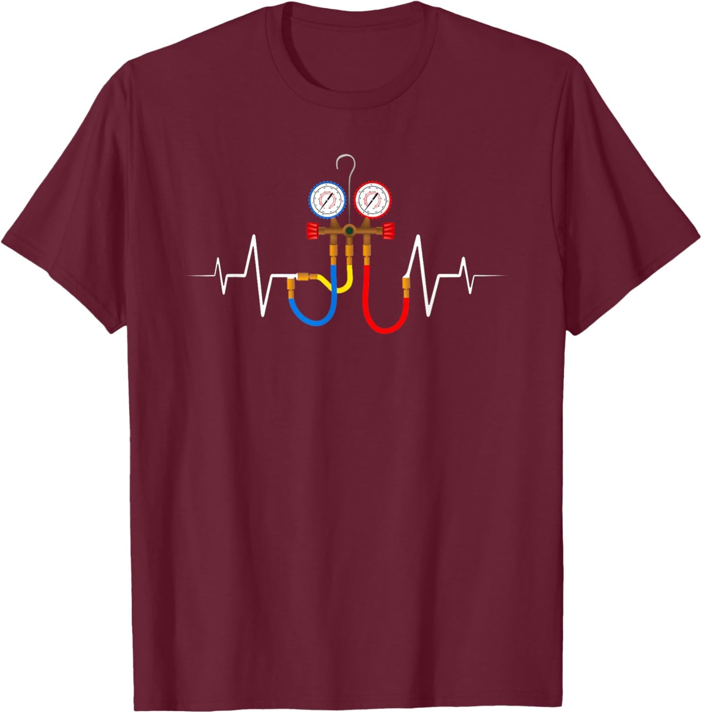 HVAC Technician AC Manifold Gauge EKG Heartbeat T-Shirt - T-Shirt | Maroon