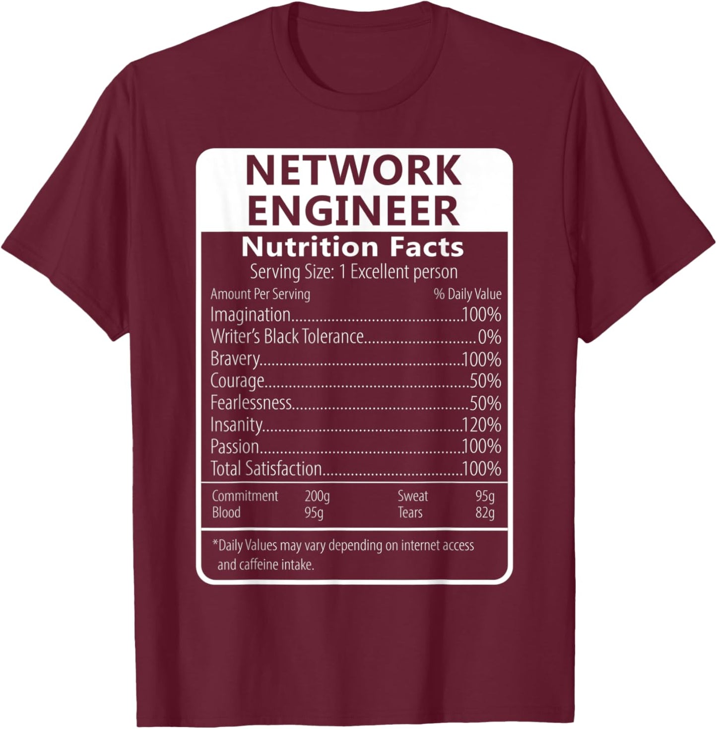 NETWORK ENGINEER Nutrition Facts Sarcastic T-Shirt - T-Shirt | Maroon