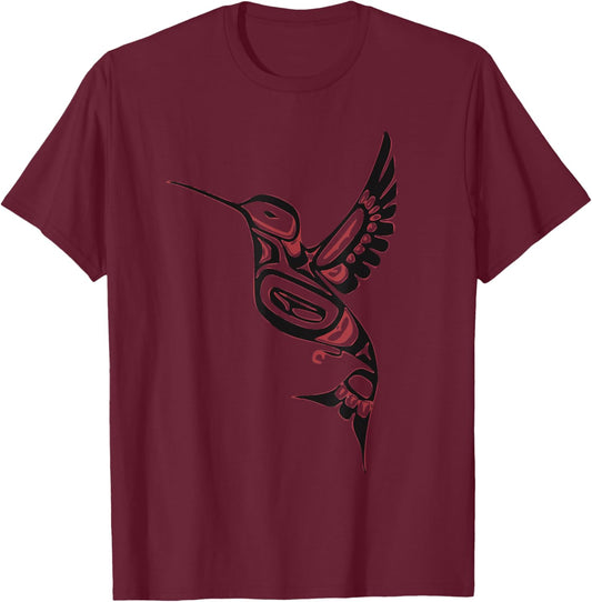 Pacific Northwest tribe art hummingbird kingfisher bird T-Shirt - T-Shirt | Maroon