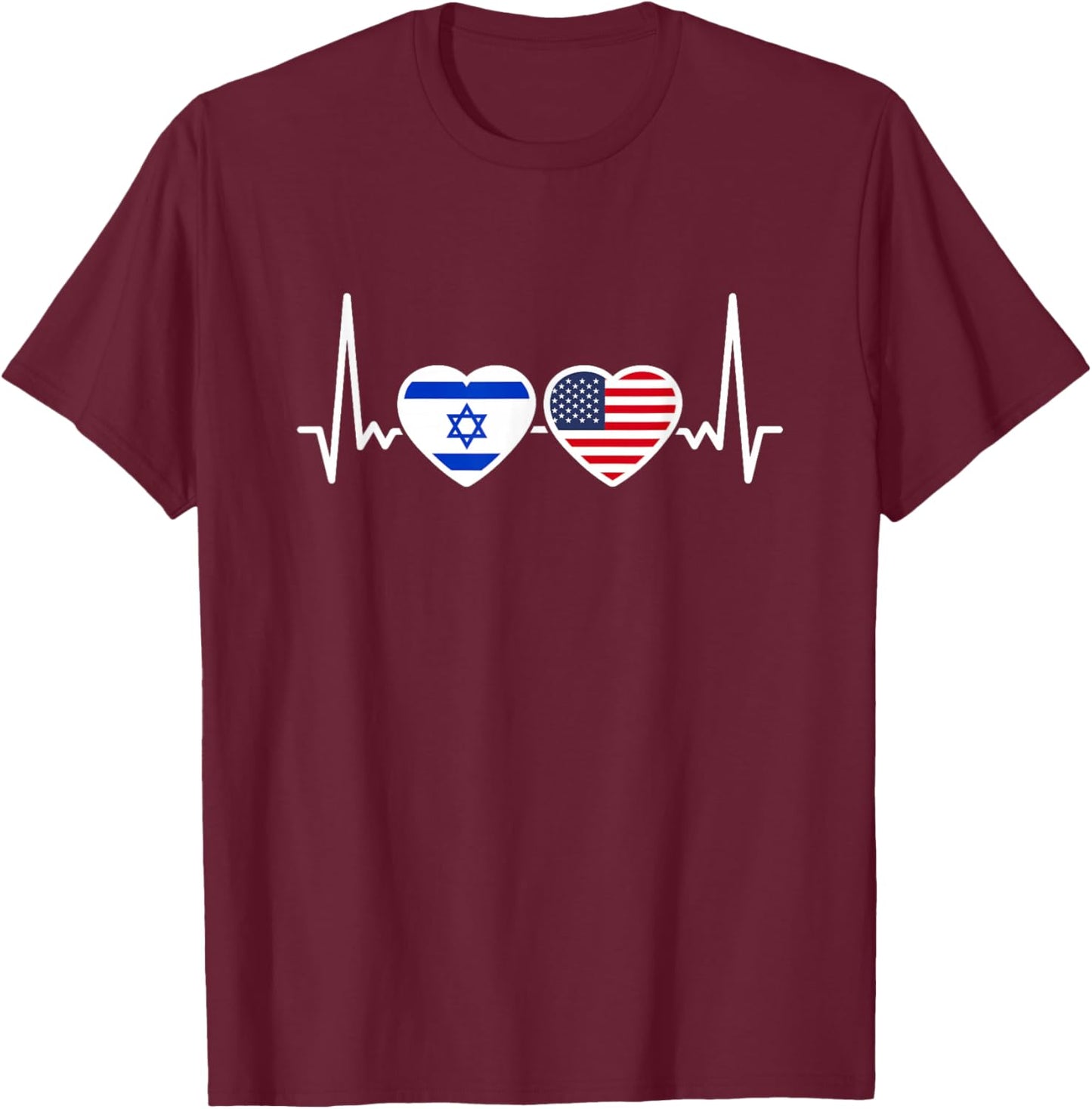 Israel USA Heartbeat Flag American Israeli T-Shirt - T-Shirt | Maroon