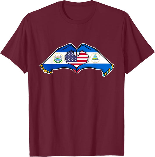 Heart hands El Salvador, Nicaragua and the US. T-Shirt - T-Shirt | Maroon