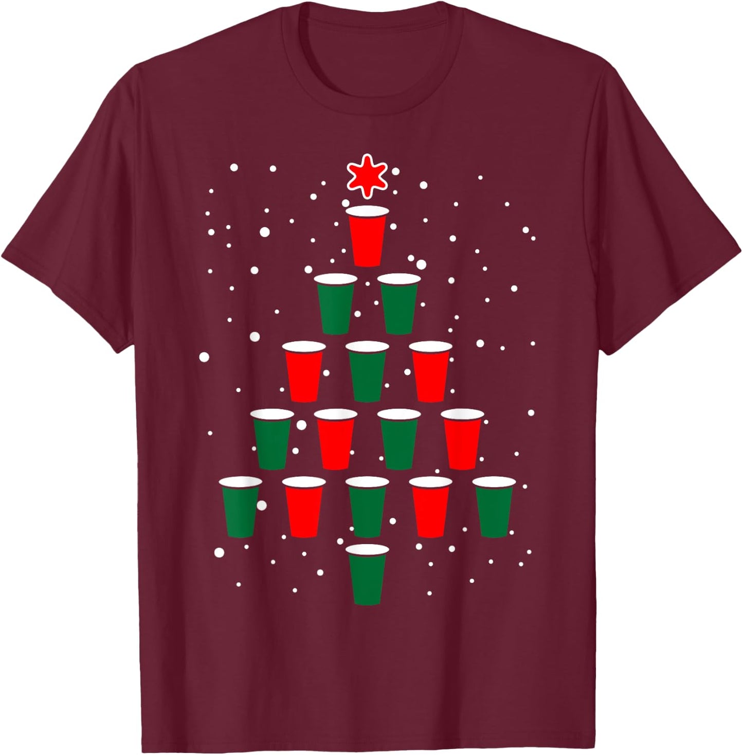 Fitintheflow -Adults Beer Pong Christmas Tree , Black, 3X-Large, Short Sleeve, , Classic Fit, Cotton 80% Polyester 20% T-Shirt - T-Shirt | Maroon