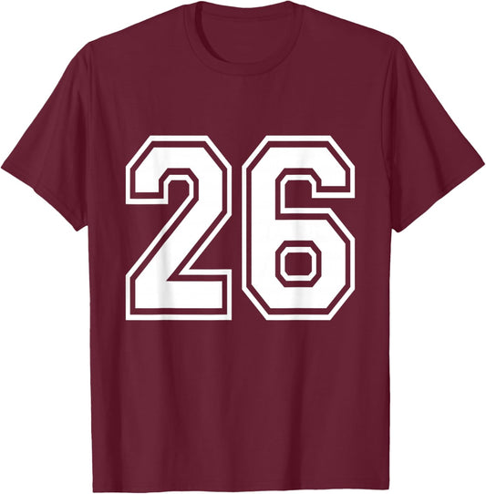 Number 26 Varsity Sports Team Jersey 26th Birthday 26 Years T-Shirt - T-Shirt | Maroon