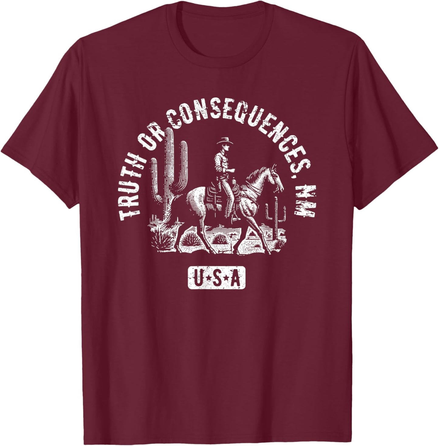 Truth or Consequences NM USA Cowboy Horse Distressed Design T-Shirt - T-Shirt | Maroon