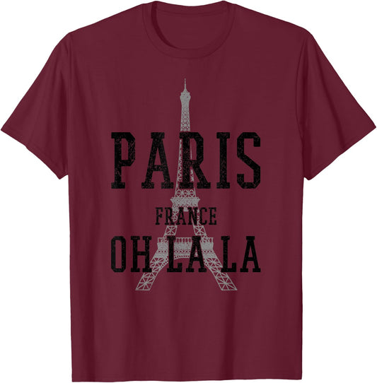 Paris France Oh La La - Funny French Eiffel Tower Souvenir T-Shirt - T-Shirt | Maroon
