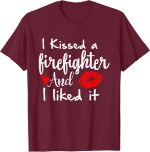 I Kissed a Firefighter and I liked it | Funny Fireman gift T-Shirt - T-Shirt | Maroon