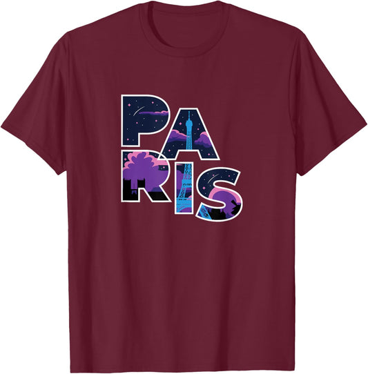 Paris Starry Sky – France Eiffel Tower Word Art T-Shirt - T-Shirt | Maroon