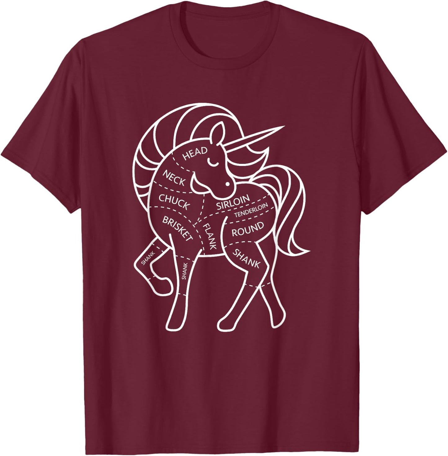 Magic Grass Fed Unicorn Meat Cuts Diagram Dark Humor T-Shirt - T-Shirt | Maroon