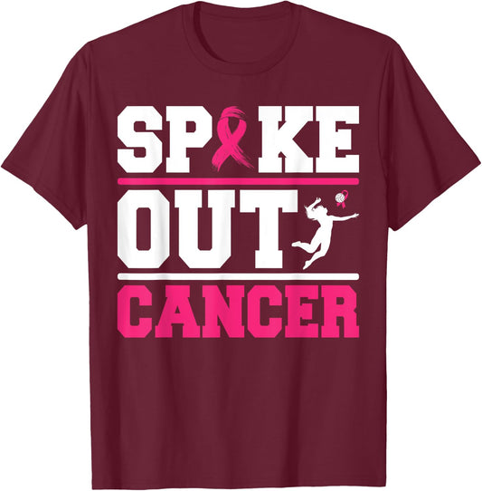 Spike Out Cancer Volleyball Player Breast Cancer Awareness T-Shirt - T-Shirt | Maroon