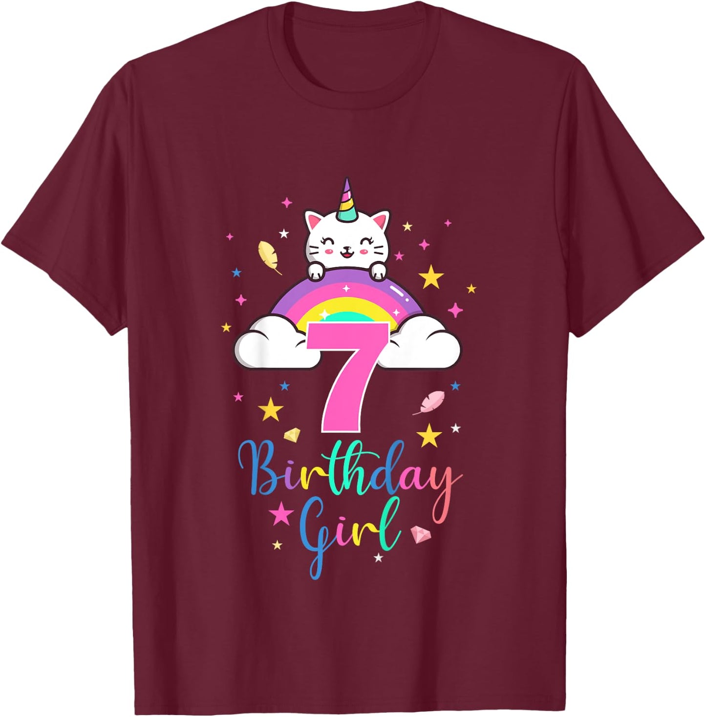 7th Birthday Girl Seven Years Old Birthday Caticorn Rainbow T-Shirt - T-Shirt | Maroon