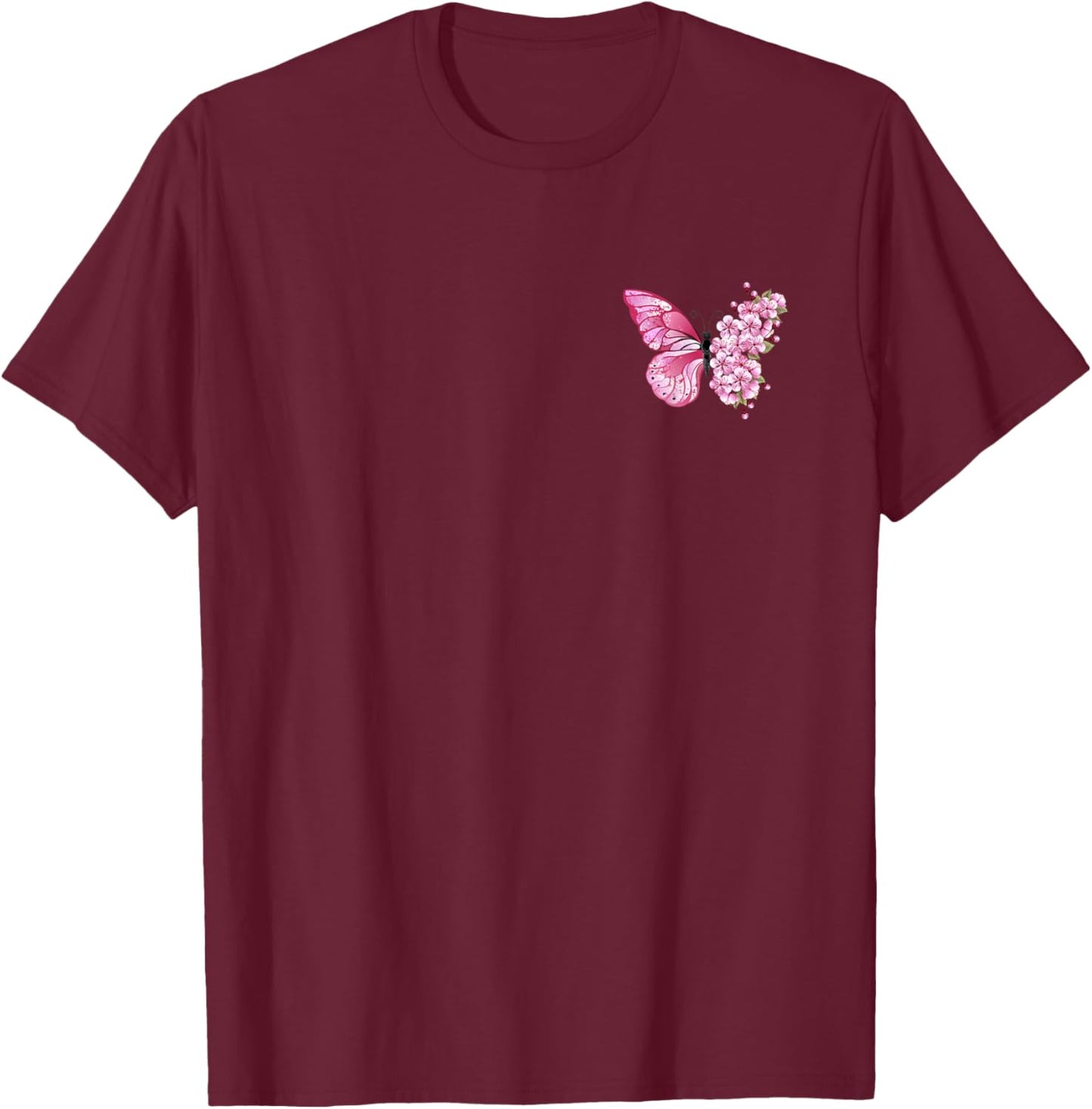 Butterfly With Cherry Blossom Wing Sakura On Chest And Back T-Shirt - T-Shirt | Maroon
