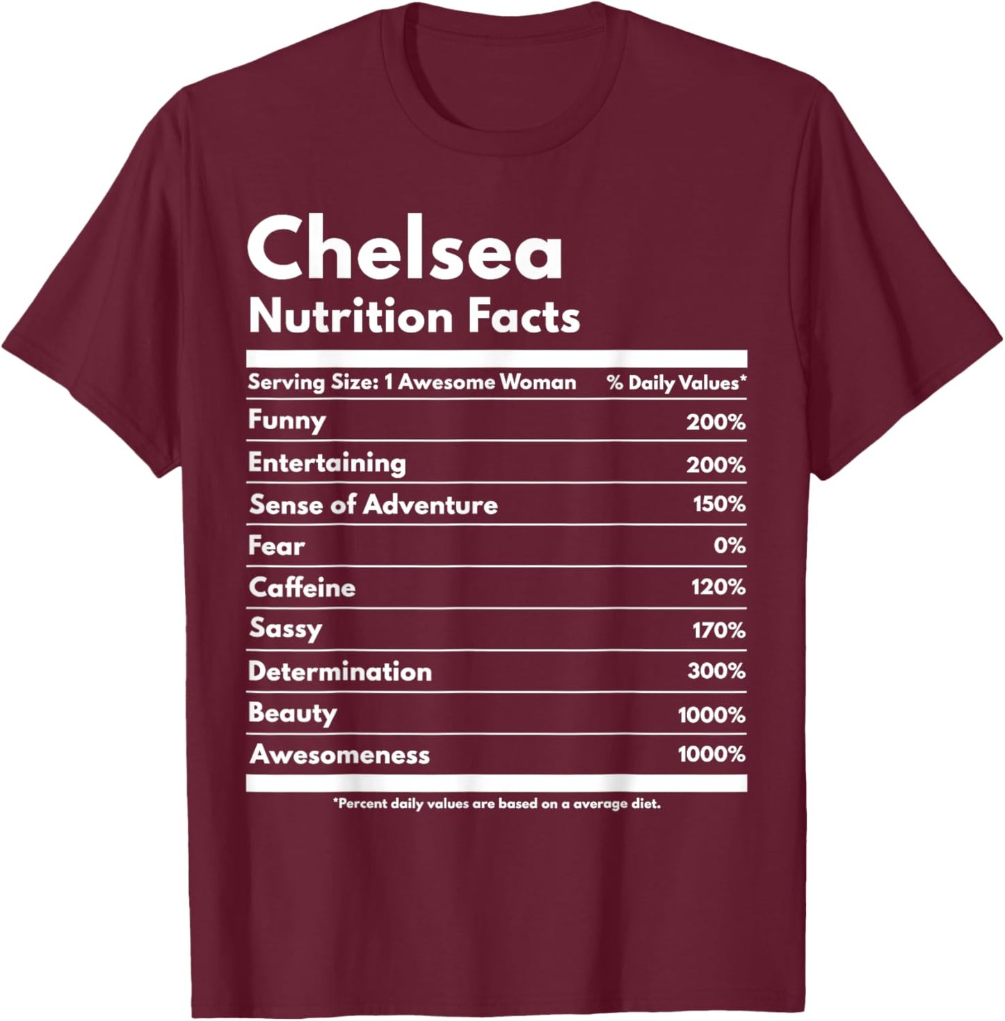 Chelsea Nutrition Facts Gift Funny Personalized Name Chelsea T-Shirt - T-Shirt | Maroon