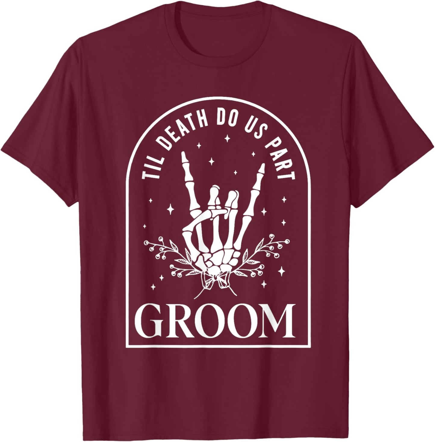 Groom Bride Skeleton Rock Hand Couples Wedding Halloween T-Shirt - T-Shirt | Maroon