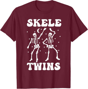 Twins Halloween Matching Skeletwins Funny Dancing Skeletons T-Shirt - T-Shirt | Maroon