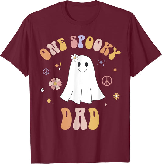 One Spooky Dad First Birthday Retro Halloween Ghost Boo T-Shirt - T-Shirt | Maroon