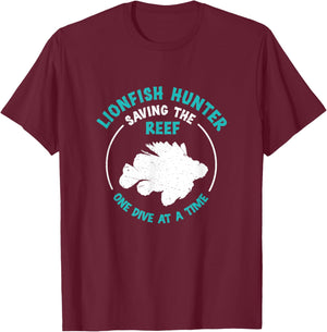 Funny Lionfish Hunter Saving The Reef One Dive At A Time T-Shirt - T-Shirt | Maroon