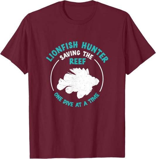 Funny Lionfish Hunter Saving The Reef One Dive At A Time T-Shirt - T-Shirt | Maroon