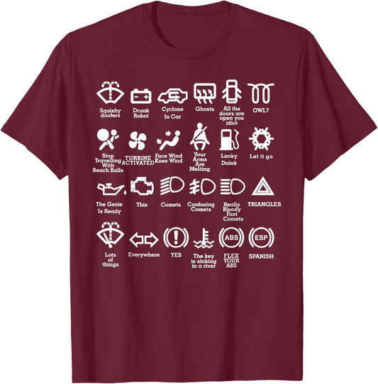 Funny Dash Icons Car Warning Lights Car Garage Mechanic T-Shirt - T-Shirt | Maroon