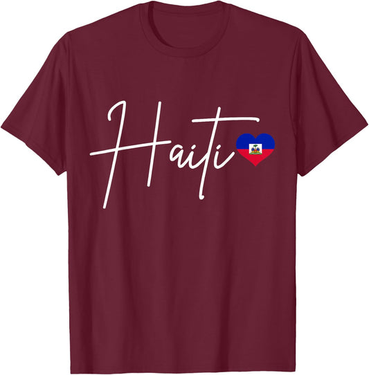 We Love Haiti - Haitian Pride Co. Haiti Pride Haitian Flag Heart T-Shirt - T-Shirt | Maroon