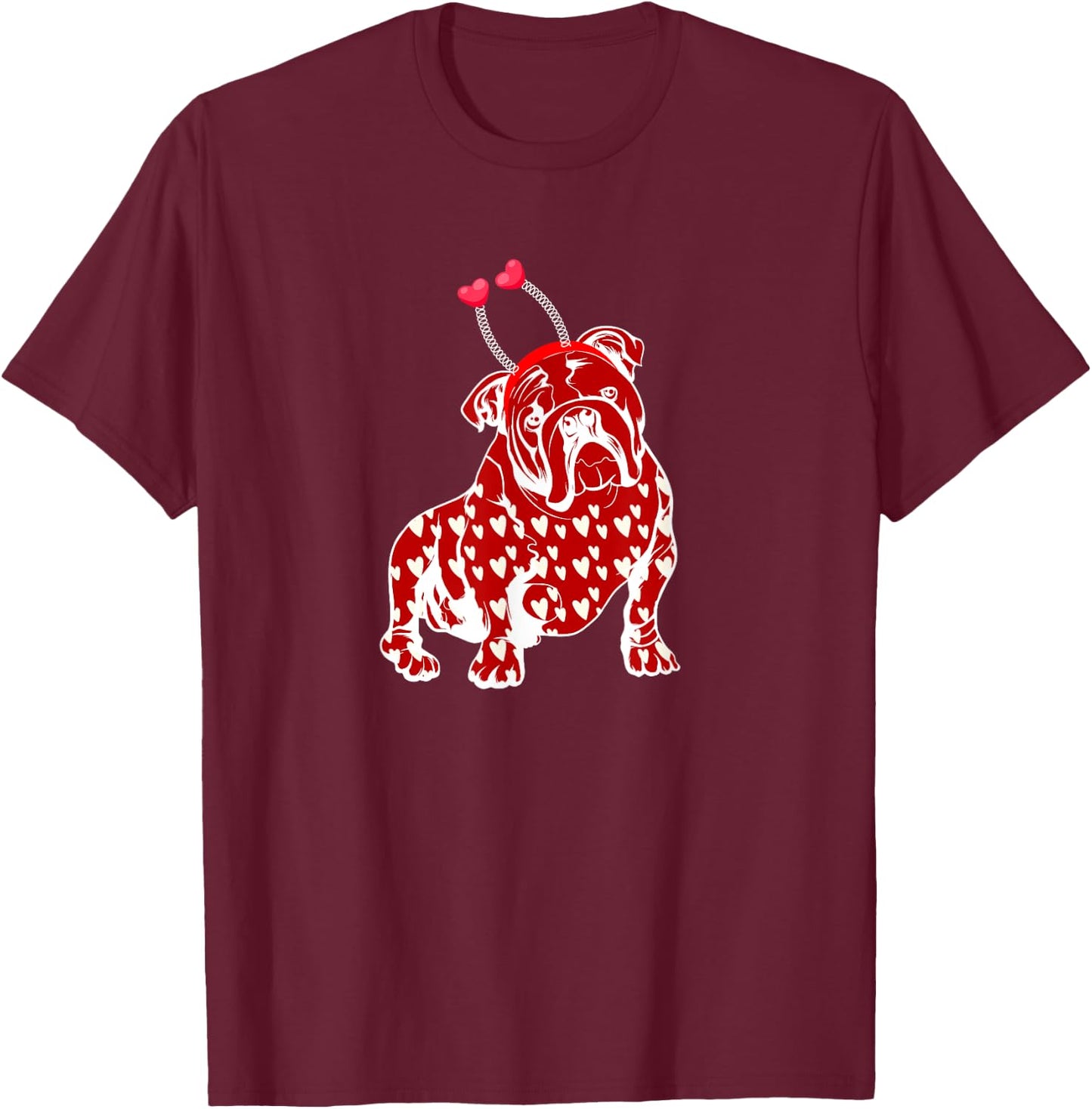 Bulldog Valentine Day Plaid Heart Pattern Dog Headband Heart Women Girls Kids T-Shirt - T-Shirt | Maroon