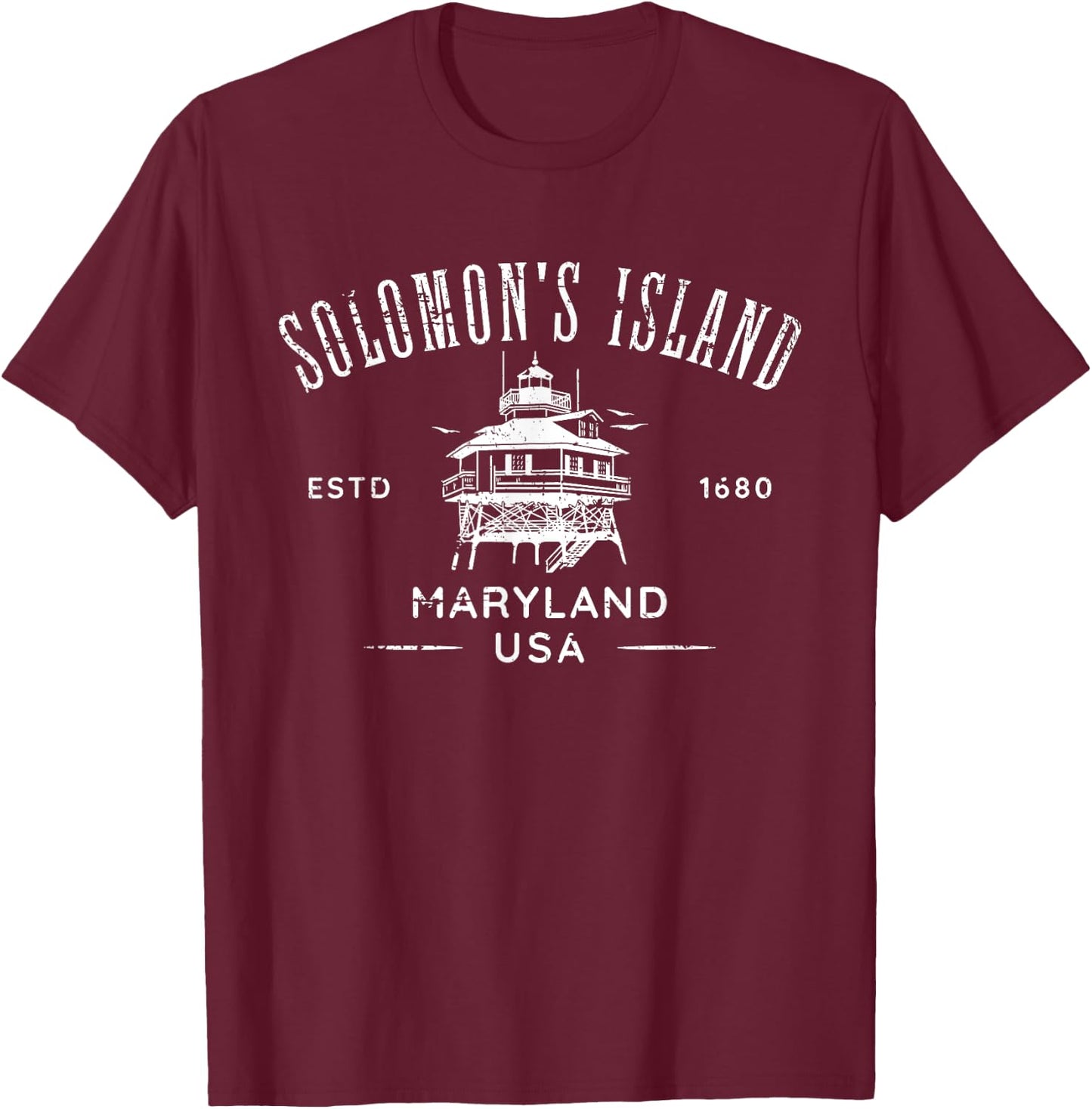 Solomons Island Maryland USA Lighthouse Distressed Design T-Shirt - T-Shirt | Maroon