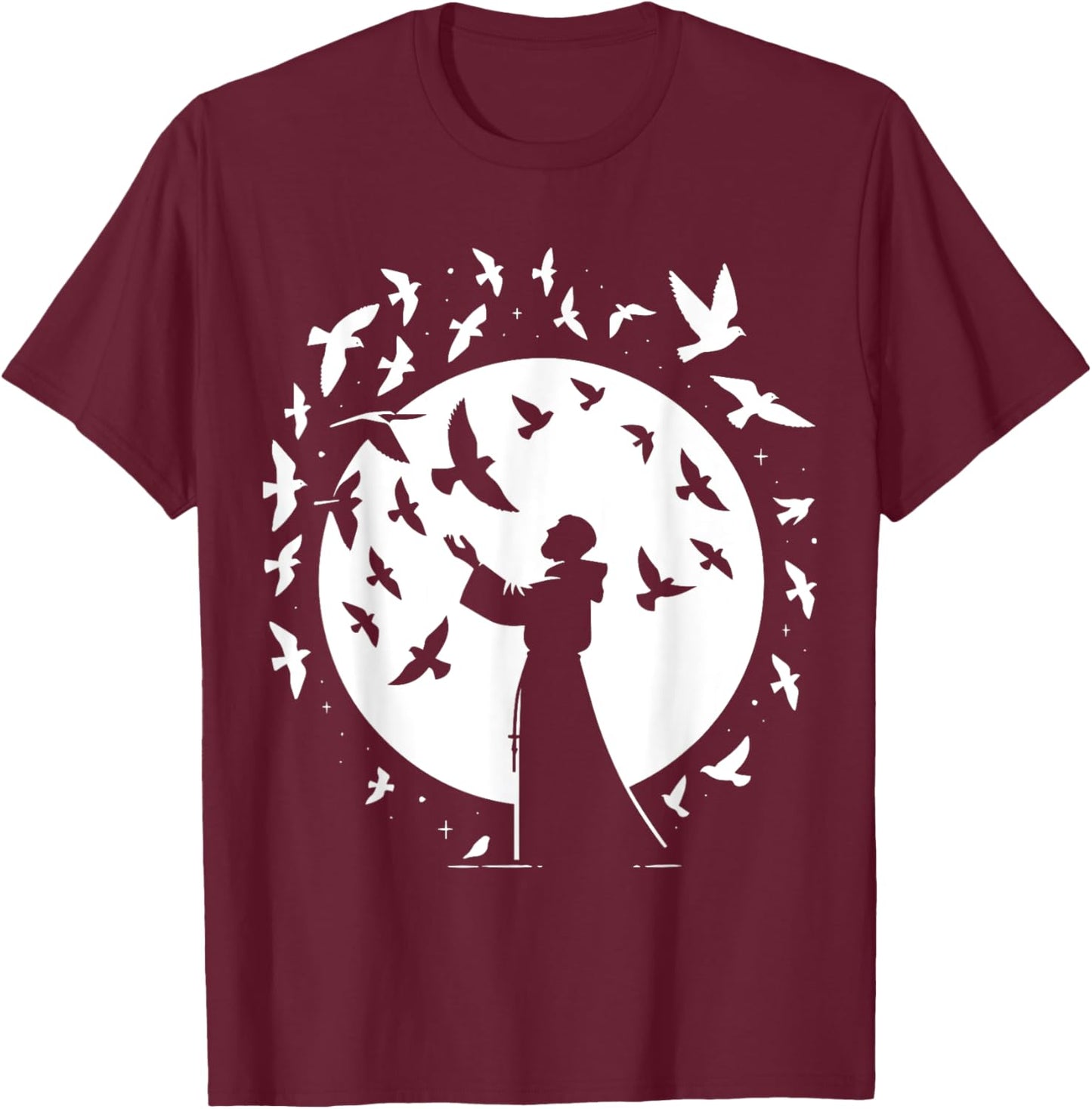St Francis of Assisi Patron Saint of Animals Birds Catholic T-Shirt - T-Shirt | Maroon