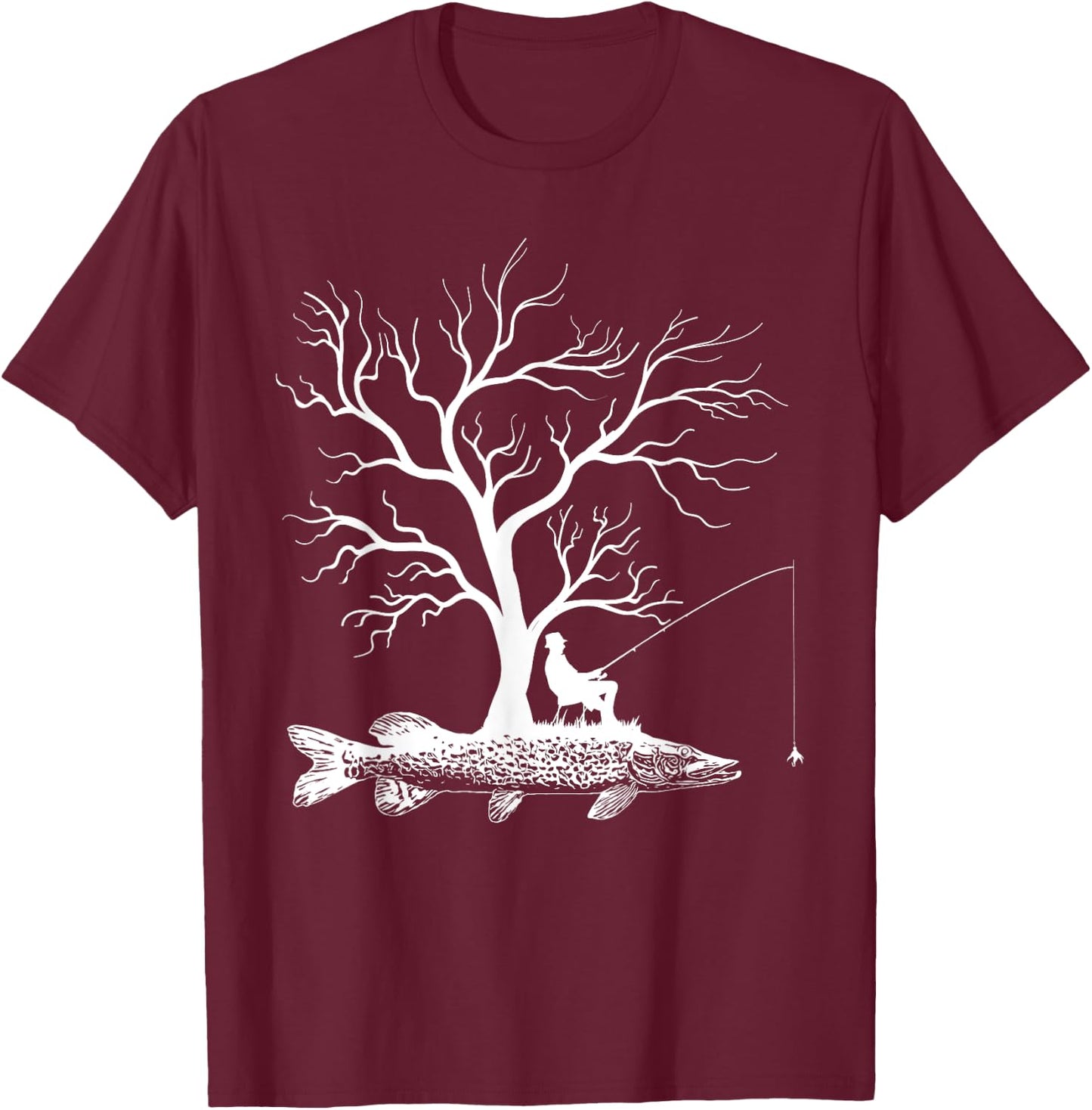 Graphic Tree Fishing Rod - Fish Northern Pike T-Shirt - T-Shirt | Maroon
