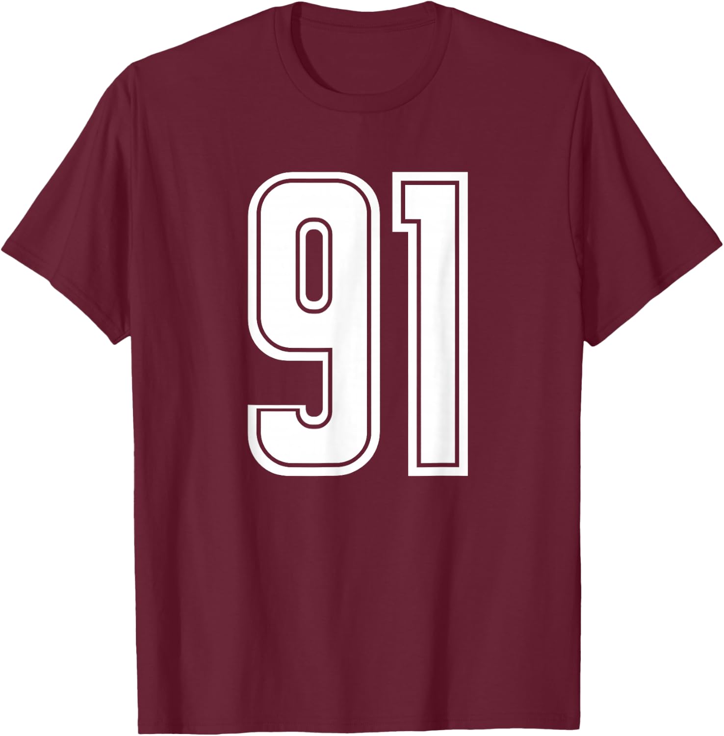 Number #91 White Sports Team Varsity Number 91 T-Shirt - T-Shirt | Maroon