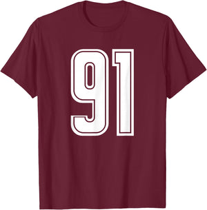 Number #91 White Sports Team Varsity Number 91 T-Shirt - T-Shirt | Maroon
