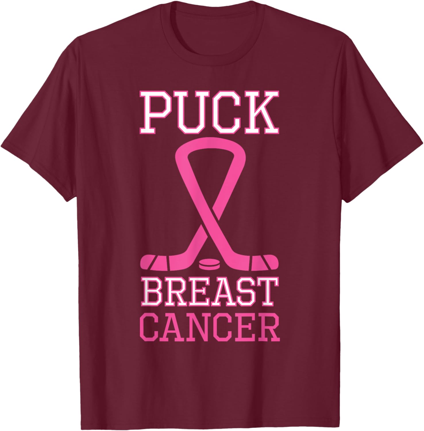 Puck Breast Cancer Pink Ribbon Ice Hockey Cancer day T-Shirt - T-Shirt | Maroon