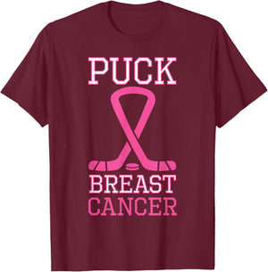 Puck Breast Cancer Pink Ribbon Ice Hockey Cancer day T-Shirt - T-Shirt | Maroon